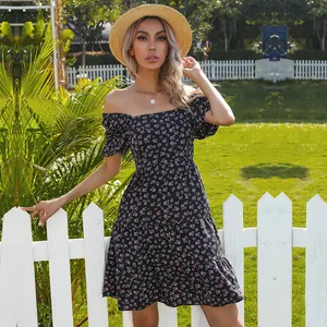 Robe Courte Imprimée Florale Style Français pour Femmes Col Carré Manches Bouffantes Jupe à Étages Été Robe
