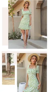 Detailed view of puff sleeves and square neckline on green floral chiffon summer dress