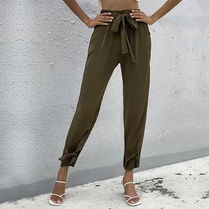 Pantaloni Casual Donna a Vita Alta Con Cintura Verde Oliva Tinta Unita Pantaloni Con Dettaglio Fiocco Per Uso Quotidiano