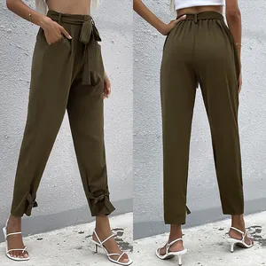 Pantaloni casual a vita alta verde oliva scuro da donna con cintura e fiocchi sul fondo