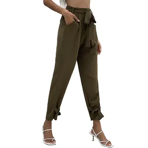 Pantaloni casual a vita alta verde oliva da donna con cintura e fiocco alla caviglia