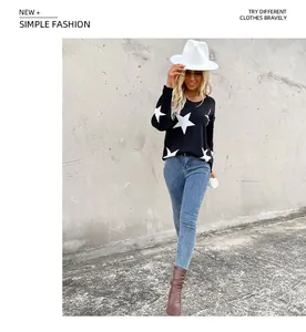 Outdoor street view of a black crewneck sweater with white stars and blue jeans