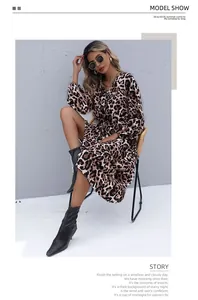 Detail of leopard print long sleeve dress with elastic waist and v-neck style
