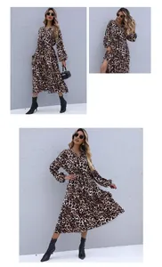 Detail view of leopard print V-neck midi dress with layered hem and elastic waist