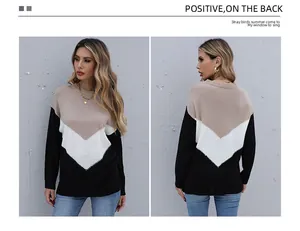 Detailed front and back view of color-block knit sweater in camel, white and black