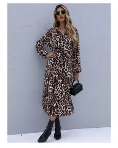 Detail of leopard print maxi dress with V-neck, drawstring waist and ruffled hemline
