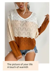 Detail of leaf-shaped crochet patterns on a color-block V-neck knit sweater