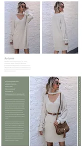 Detail of knit long sleeve dress featuring an elegant hollow V-neck choker design
