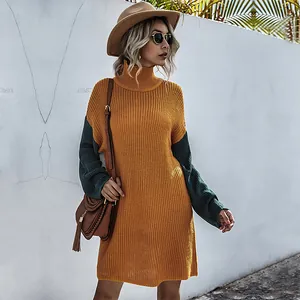 Women High Neck Color Block Knit Sweater Dress Casual Long Sleeve Patchwork Pullover Knitted Mini Dress Autumn Winter Retro