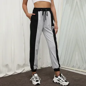 Women Casual Color Block Joggers Letter Print Cotton Blend Drawstring Elastic Waist Sweatpants Sporty Fitness Trousers