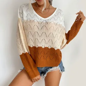 Women's V-neck hollow out knit sweater with three-color stripe pattern in autumn style