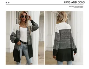 Detailed front and back view of color-block knit cardigan in white, grey and green