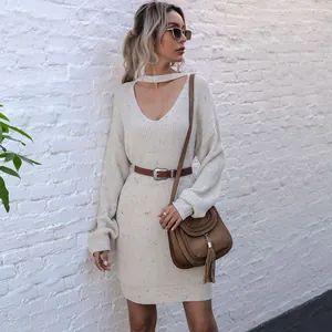 Women's V-Neck Hollow Out Halter Knitted Sweater Dress Long Sleeve Speckled Solid Color Casual Autumn Mini Dress