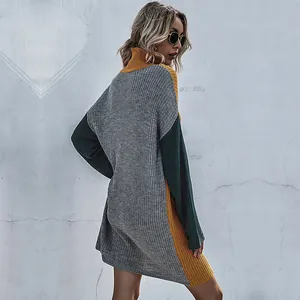 Women's color block turtleneck oversized knit sweater dress in grey yellow and green