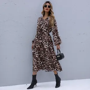 Chic long sleeve leopard print midi dress with V-neck and elastic waist design