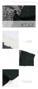 Close-up of ribbed knit texture and color block stitching on a green cardigan sweater