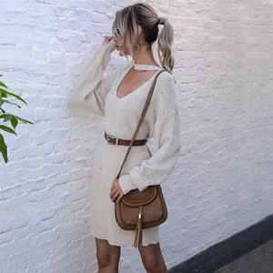 Cream V-neck choker knit midi dress with long sleeves in a relaxed fit style