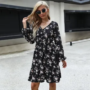Robe Midi Coupe en A Imprimé Fleuri Rétro Français Col en V Manches Longues Avec Ceinture Volants Élégante Robe de Fête Automne