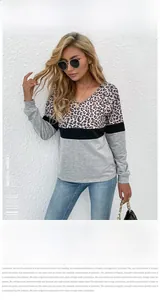 Detail of V-neck stitching showing leopard print, black and light grey panels on long sleeves