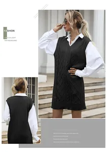 Detail view of V-neck knitted cable vest dress and white long sleeve shirt outfit set