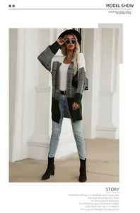 Three-color block knit cardigan featuring ribbed cuffs and hem in a stylish street view