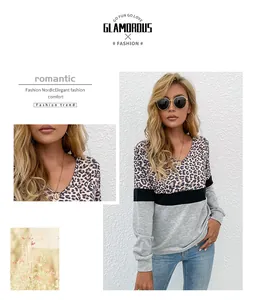 Detail shot of the V-neckline and stylish leopard print patchwork on long sleeve top