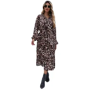 Women's leopard print V-neck long sleeve midi dress with elastic waist and tie details
