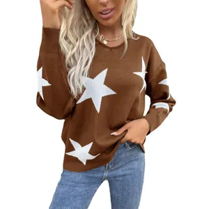 Women's V-neck brown knit sweater with large white star patterns and long sleeves