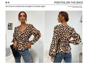 Front and back view of a leopard print V-neck blouse with hollow-out long sleeves