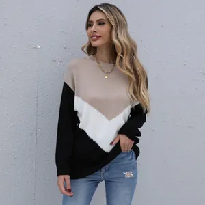 Women's color block crew neck sweater in khaki, white, and black with loose fit