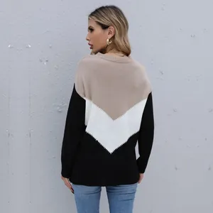Women's color block knit sweater with V-pattern crew neck and long sleeves in khaki and white