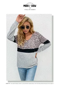 Detail of V-neck stitching with leopard print and black color block on grey top