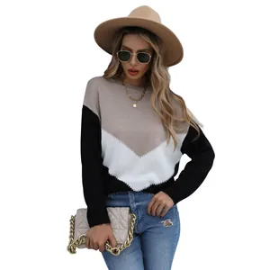 Women's crew neck color-block knit sweater featuring beige white and black chevron stripes
