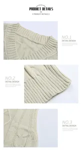 Detail view of cream v-neck cable knit vest showing high-quality textured ribbing