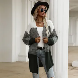 Women's color block knit cardigan with white grey and dark green stripes for autumn fashion