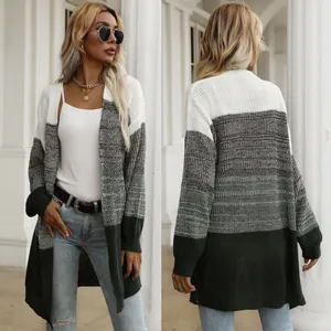 Women's color block striped knit cardigan with long sleeves in white grey and green