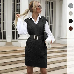 Women's Vintage Cable Knit Vest Dress V-Neck Sleeveless Long Tunic Sweater Waistcoat For Commute And Party Casual Layering Top