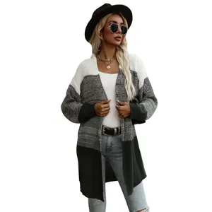 Women's color block knit cardigan in white, grey, and dark green with long sleeves