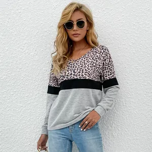 Women's Leopard Color Block V-Neck Long Sleeve T-Shirt Casual Polyester Patchwork Pullover Top For Daily Office Wear