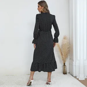 French vintage polka dot long sleeve maxi dress with elegant ruffle trim details