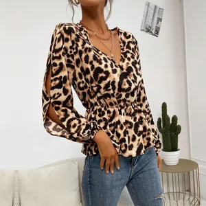 Leopard print V-neck long sleeve blouse with waist drawstring and sleeve slit details