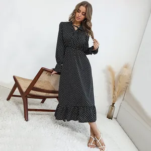 French style polka dot long sleeve maxi dress with waist tie and ruffled hem details