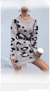 Detail of V-neck leopard knit dress with belt and distressed hem texture in soft light