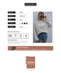 Infographic showing size chart and fabric details of gray oversized cold shoulder sweater