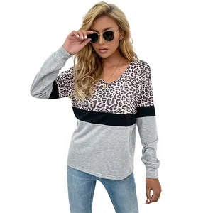 Women's V-neck long sleeve tee with leopard print and grey color block patchwork