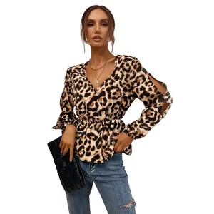 Leopard print wrap V-neck blouse with long slit sleeves and cinched waist for women