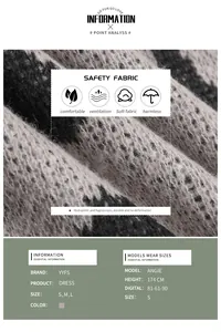 Detail of knit dress texture with size guide S-L and model measurements 174cm info