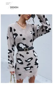 Detailed view of the v-neck knit leopard print dress with distressed fringe hem texture