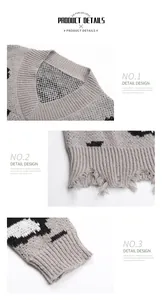 Detail of grey V-neck knit dress with leopard jacquard pattern and distressed frayed hem