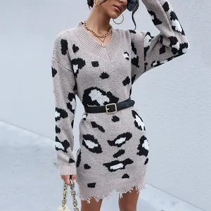 Women Leopard Print V Neck Distressed Knit Dress Loose Long Sleeve Pullover Sweater Dress Khaki Casual Streetwear Outfits